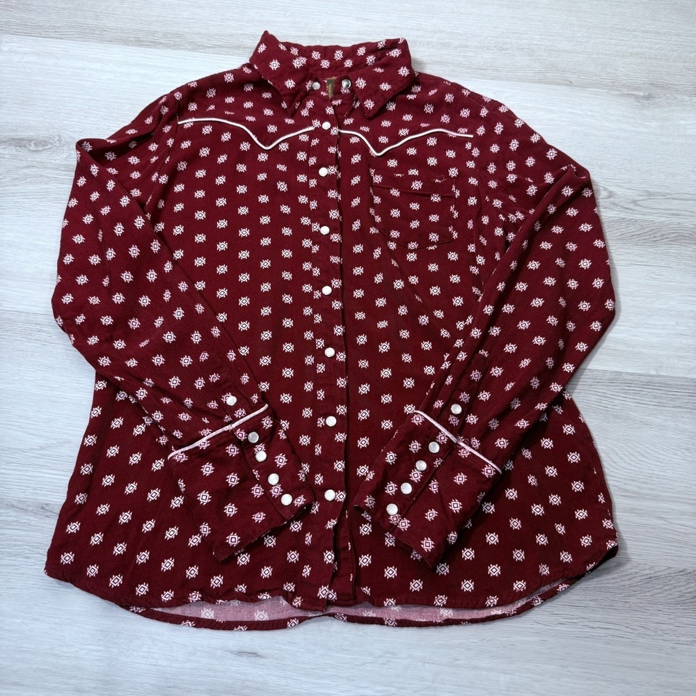 Stetson Womens M Western Shirt Burgundy Aztec Print Snap Front Ruffle Yoke